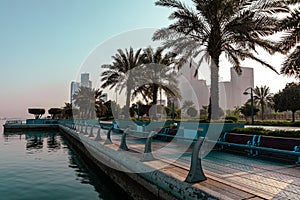 Abu Dhabi Skyline from Corniche. Abu Dhabi, Modern Skyscrapers and Landmark. Promenade in Abu Dhabi. United Arab Emirates, Middle