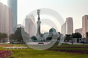 Abu Dhabi Skyline from Corniche. Abu Dhabi, Modern Skyscrapers and Landmark. Promenade in Abu Dhabi. United Arab Emirates, Middle