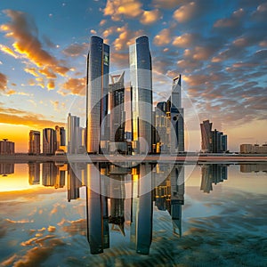 Abu Dhabi Skyline and Etihad Towers in Sunset time with Reflection United Arab Emirates