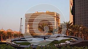 Abu Dhabi , UAE - 10 october 2020 : Capital City of United Arab Emirates with emirates flag, etihad towers, ADNOC head office,