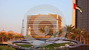 Abu Dhabi , UAE - 10 october 2020 : Capital City of United Arab Emirates with emirates flag, etihad towers, ADNOC head office,