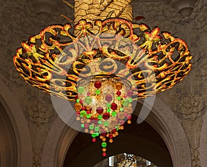 Abu Dhabi, UAE - 11.27.2022 - Chandelier inside of a Sheikh Zayed grand mosque, largest mosque in the country. Design