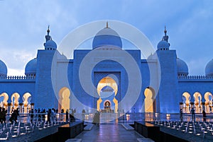 The Sheikh Zayad Grand Mosque entrance in the evening. Abu Dhabi