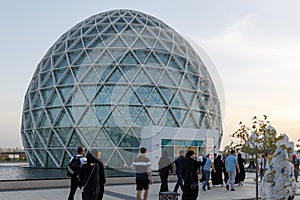 Abu Dhabi, UAE, January 10, 2019: View on the steel dome structure at the entrance of Sheikh Zayed Mosque