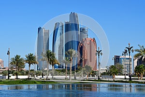 Abu Dhabi, United Arab Emirates, March, 19, 2019. Abu Dhabi skyscrapers in sunny day