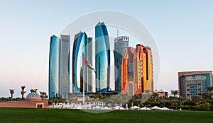 Abu Dhabi, United Arab Emirates - November 1, 2019: Etihad towers skyscrapers at the downtown Abu Dhabi