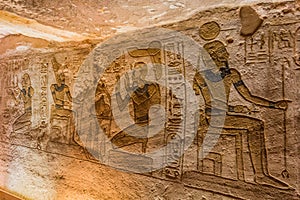 ABU SIMBEL, EGYPT - FEB 22, 2019: Wall carvings in the Great Temple of Ramesses II in Abu Simbel, Egyp