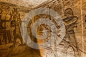 ABU SIMBEL, EGYPT - FEB 22, 2019: Walls of the Great Temple of Ramesses II in Abu Simbel, Egyp