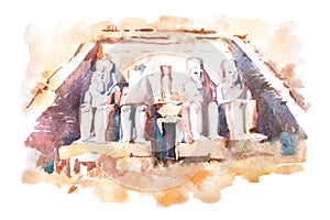 Abu Simbel temples watercolor drawing, Egypt. The Great Temple of Ramesses II aquarelle painting