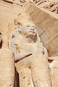 Abu Simbel UNESCO site rock carved statue of Ramesses II or Ramsses the great near Abu Simbel village Egypt
