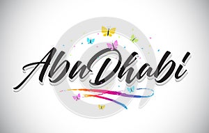 AbuDhabi Handwritten Vector Word Text with Butterflies and Colorful Swoosh