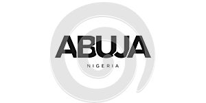 Abuja in the Nigeria emblem. The design features a geometric style, vector illustration with bold typography in a modern font. The