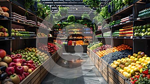 Abundance of fresh fruits and vegetables on shelves at a modern grocery store. colorful and healthy food choices. ideal