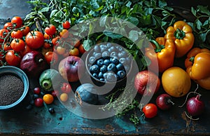 Abundance of Fresh Fruits and Vegetables on a Table. A colorful assortment of various fruits and vegetables covers a table