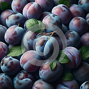 Abundance fresh plums with green leaves, close-up view. Healthy organic fruit background