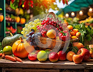 Abundance of fruits and vegetables with basket