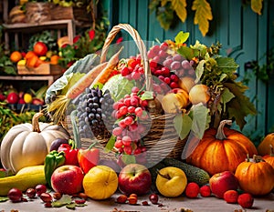 Abundance of fruits and vegetables with basket