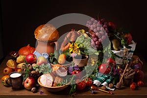 Abundance vegetables, fruits, meat products on the table