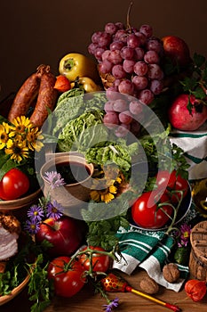 Abundance vegetables, fruits, meat products on the table