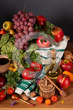 Abundance vegetables, fruits, meat products on the table