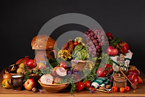 Abundance vegetables, fruits, meat products on the table