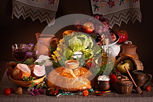 Abundance vegetables, fruits, meat products on the table