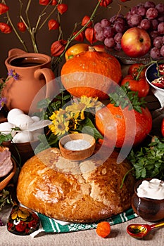 Abundance vegetables, fruits, meat products on the table