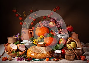 Abundance vegetables, fruits, meat products on the table