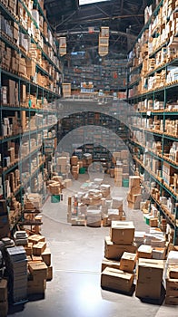 Abundance warehouse packed with goods, boxes, organized shelves