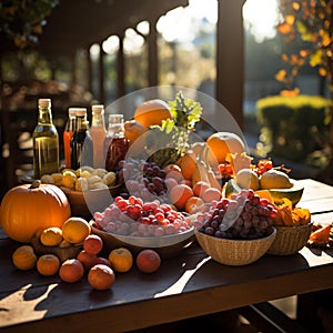 Abundant Autumn Harvest: Vibrant Fruits, Vegetables, and Drinks on a Cozy Wooden Table