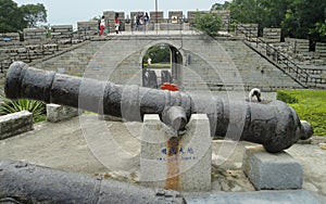 Abundant cast iron cannon at Hulishan Cannon Fort in China