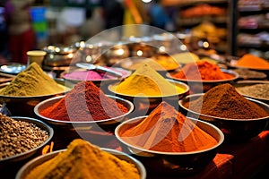 Abundant Colorful powder spices market. Generate Ai photo