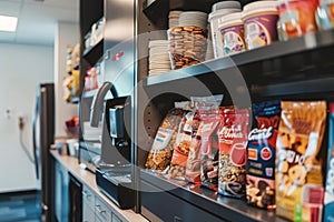 Abundant food supplies in the kitchen alongside a coffee maker for brewing, A break room stocked with snacks and a coffee machine