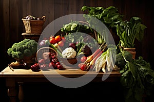 Abundant fresh vegetables on rustic wooden table