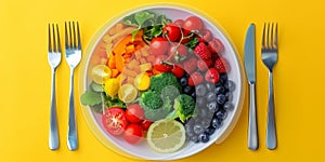 Abundant Fruits and Vegetables on White Plate healthy food concept flatlay. Generative AI