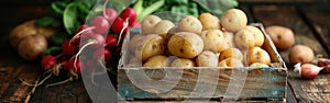 Abundant Harvest: Food Photography on Dark Wooden Table Featuring Square Potatoes and Fresh Vegetables