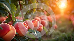 Abundant peach orchard bursting with ripe, succulent fruits in blushing hues, Ai Generated