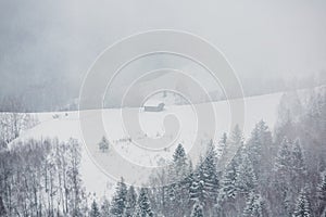 An abundant snowfall in the Romanian Carpathians in the village of Sirnea, Brasov. Real winter with snow in the country