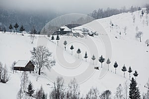 An abundant snowfall in the Romanian Carpathians in the village of Sirnea, Brasov. Real winter with snow in the country