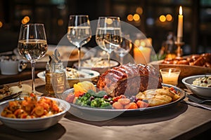 Abundant table food. Dinner. Night. Candlelight. Wine glasses. Meat, vegetables