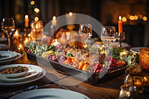 Abundant table food. Dinner. Night. Candlelight. Wine glasses. Meat, vegetables