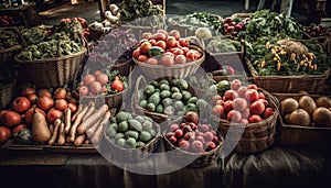 Abundant variety of fresh organic fruits and vegetables in wicker basket generated by AI