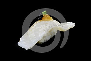 Aburi Engawa Sushi, torched flatfish on rice topping with Spring onion and minced daikon and caviar. Japanese tradition cuisine