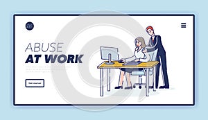 Abuse at work landing page template with businessman harassing female business worker at workplace