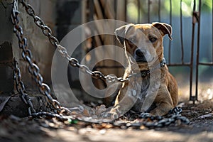 Abused dog locked in chains. Generate ai