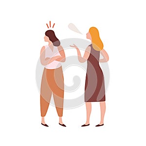 Abuser young woman talking with offended girl during conflict vector flat illustration. Quarrel of two female friends