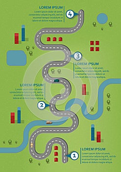 ABusiness workflow roadmap with 4 check points in landscape, with sample text