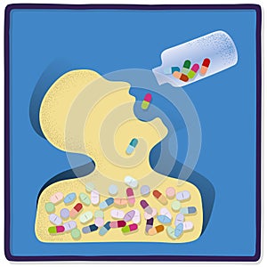 Abusing medicines, schematic illustration of human figure swallowing too many pills.