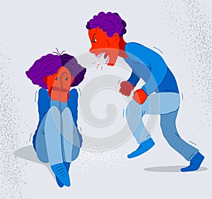 Abusive husband vector illustration, bad family man scream and shout on scared woman his wife, domestic violence, despotic husband