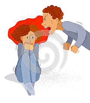 Abusive husband vector illustration, bad family man scream and shout on scared woman his wife, domestic violence, despotic husband